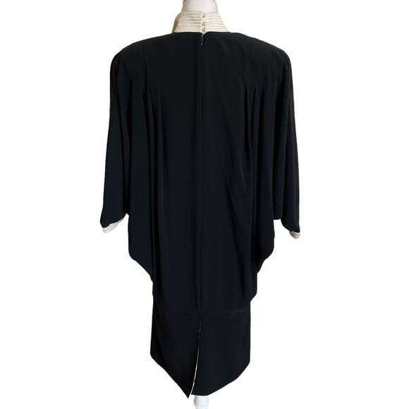 Vintage 80s Saks Fifth Avenue Batwing Dress Crepe 10 Black Ivory Shoulder Pads - Picture 7 of 15